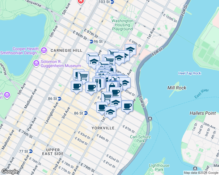 map of restaurants, bars, coffee shops, grocery stores, and more near 317 East 91st Street in New York
