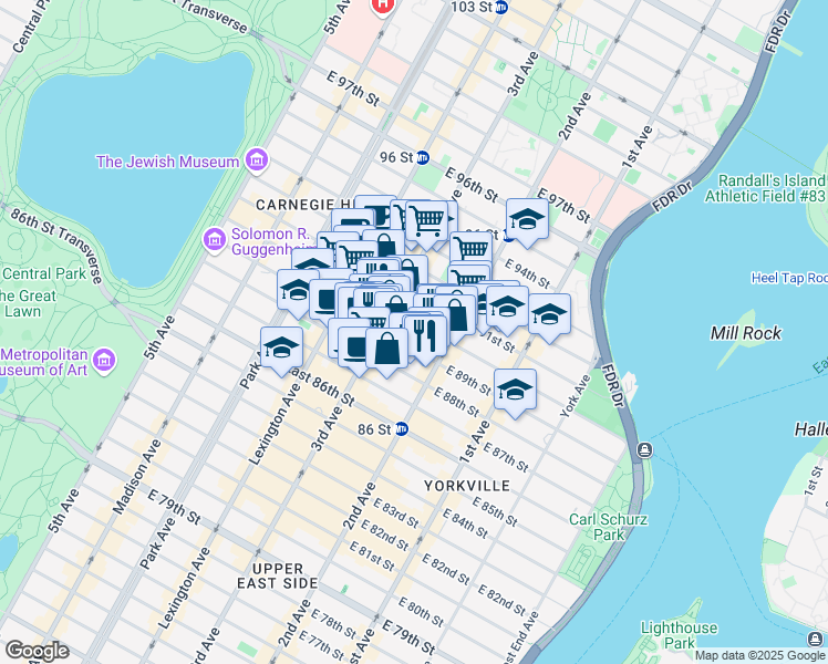 map of restaurants, bars, coffee shops, grocery stores, and more near 216 East 90th Street in New York