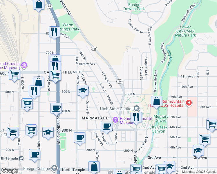 map of restaurants, bars, coffee shops, grocery stores, and more near 66 West Zane Avenue in Salt Lake City