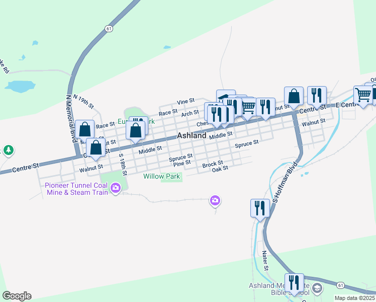 map of restaurants, bars, coffee shops, grocery stores, and more near 1208 Walnut Street in Ashland