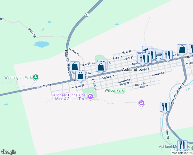 map of restaurants, bars, coffee shops, grocery stores, and more near 1714 Centre Street in Ashland
