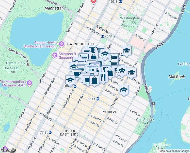 map of restaurants, bars, coffee shops, grocery stores, and more near 215 East 89th Street in New York