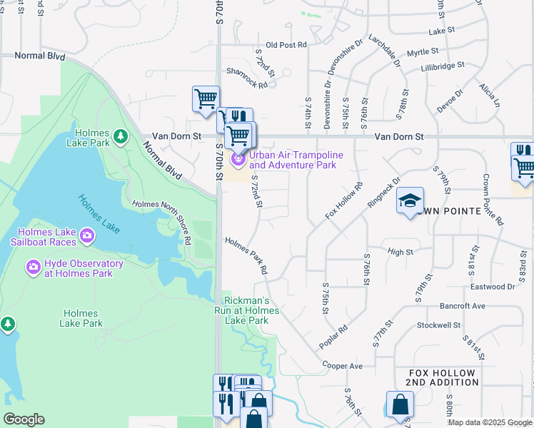 map of restaurants, bars, coffee shops, grocery stores, and more near 3150 South 72nd Street in Lincoln