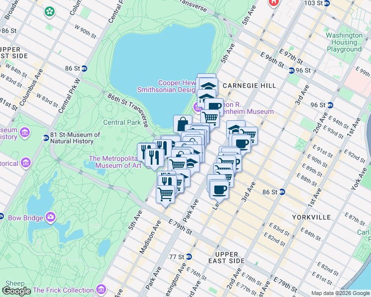 map of restaurants, bars, coffee shops, grocery stores, and more near 1035 Museum Mile in New York