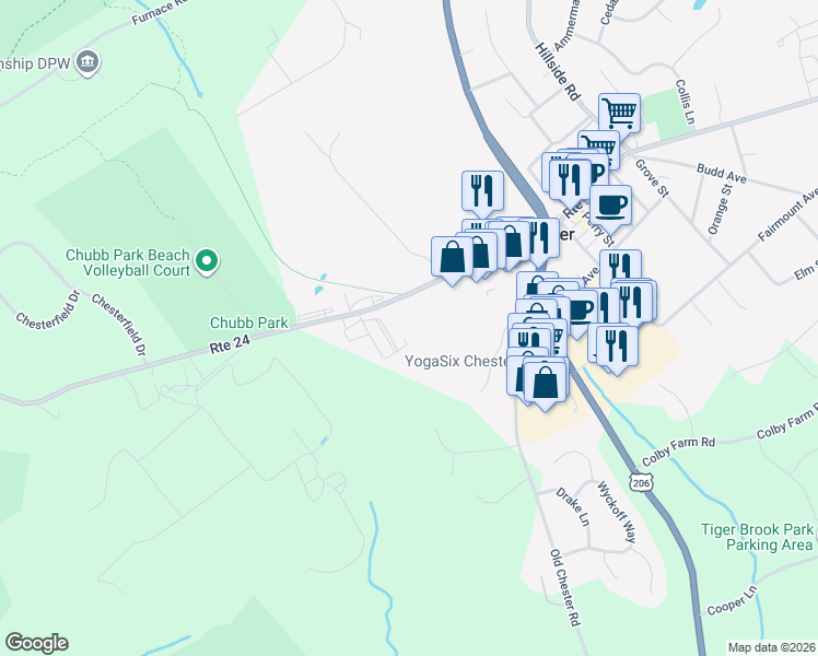 map of restaurants, bars, coffee shops, grocery stores, and more near 38 Ammerman Way in Chester