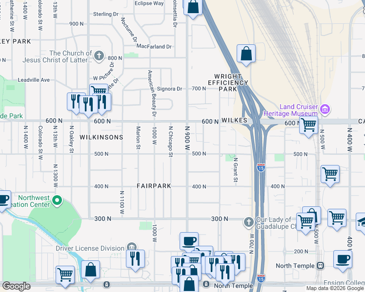 map of restaurants, bars, coffee shops, grocery stores, and more near 930 West 500 North in Salt Lake City