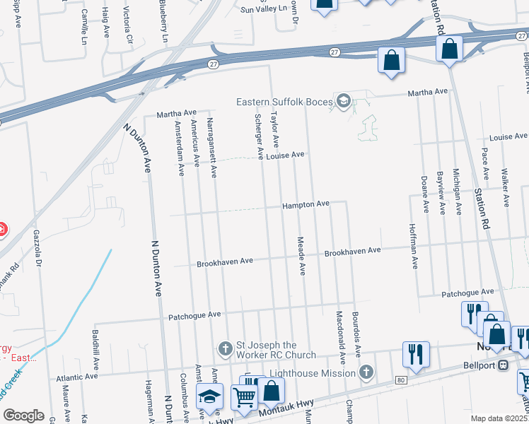 map of restaurants, bars, coffee shops, grocery stores, and more near 760 Scherger Avenue in Patchogue