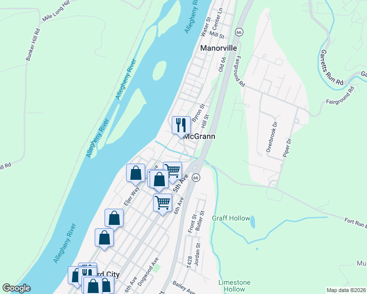 map of restaurants, bars, coffee shops, grocery stores, and more near 207 Byron Street in McGrann