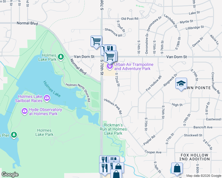 map of restaurants, bars, coffee shops, grocery stores, and more near 7100 Holmes Park Road in Lincoln