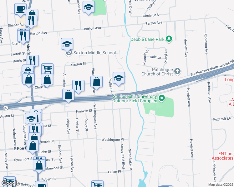 map of restaurants, bars, coffee shops, grocery stores, and more near 201 Sunrise Highway in Patchogue