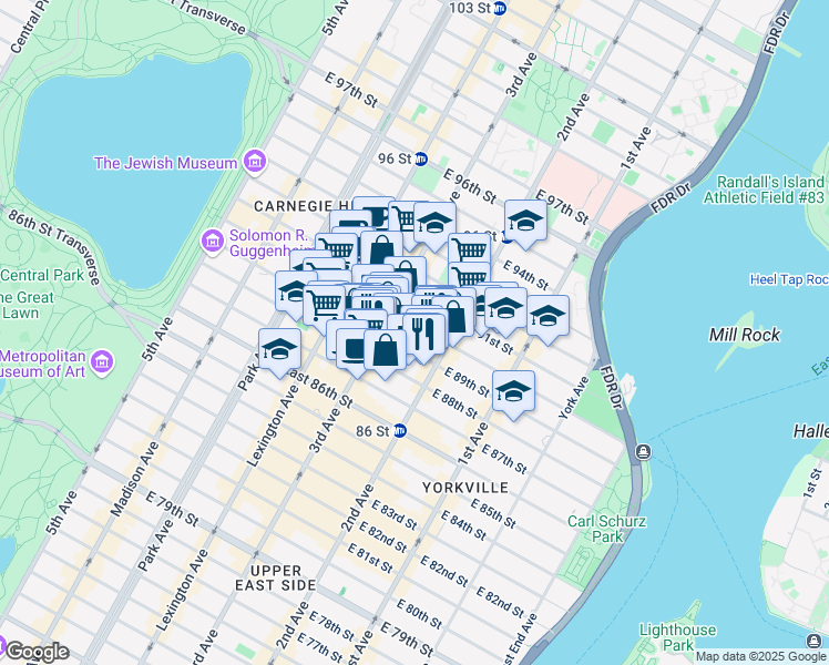 map of restaurants, bars, coffee shops, grocery stores, and more near 242 East 90th Street in New York
