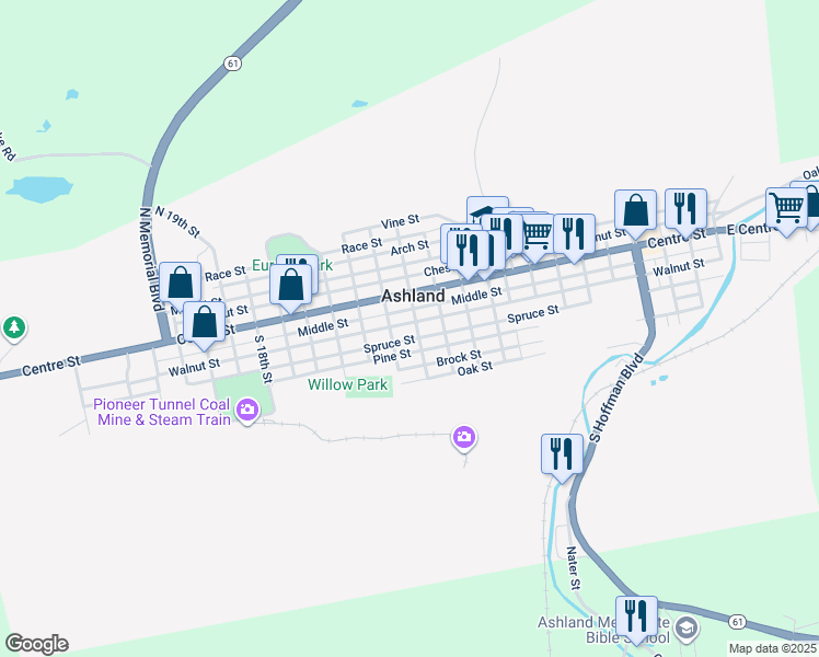 map of restaurants, bars, coffee shops, grocery stores, and more near 1208 Walnut Street in Ashland