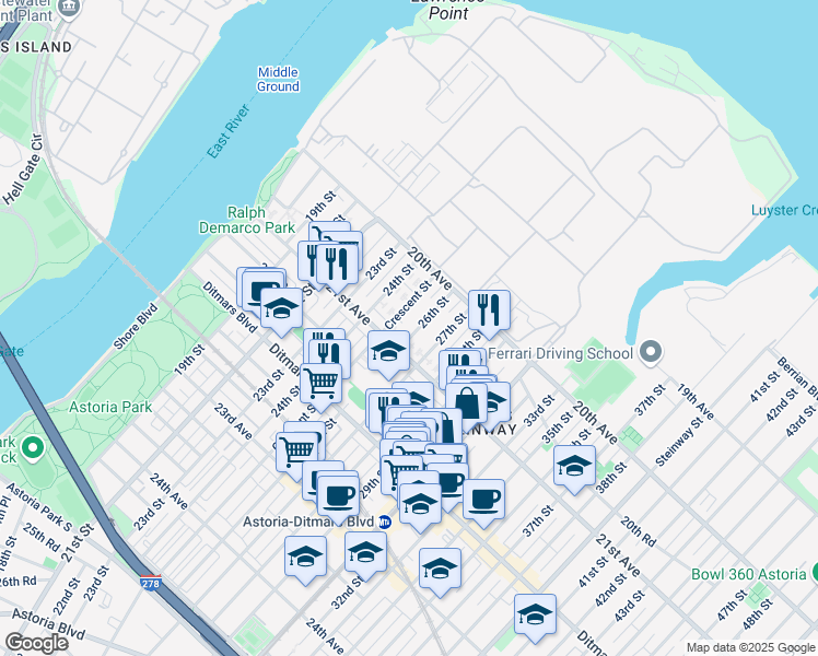 map of restaurants, bars, coffee shops, grocery stores, and more near 20-68 26th Street in Queens