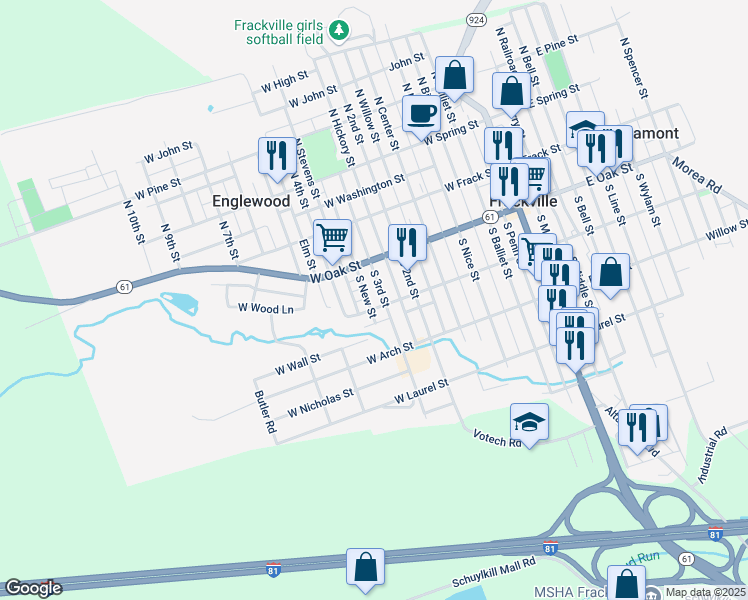 map of restaurants, bars, coffee shops, grocery stores, and more near 142 South 3rd Street in Frackville