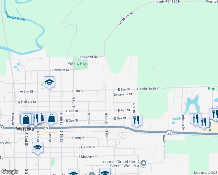 map of restaurants, bars, coffee shops, grocery stores, and more near 602 East Elm Street in Watseka