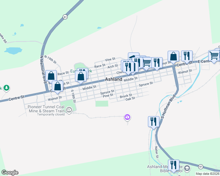 map of restaurants, bars, coffee shops, grocery stores, and more near 1314 Walnut Street in Ashland