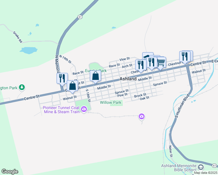 map of restaurants, bars, coffee shops, grocery stores, and more near 1434 Walnut Street in Ashland