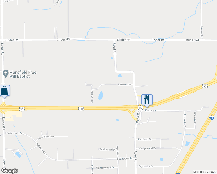 map of restaurants, bars, coffee shops, grocery stores, and more near 2270 Lakecrest Drive in Mansfield