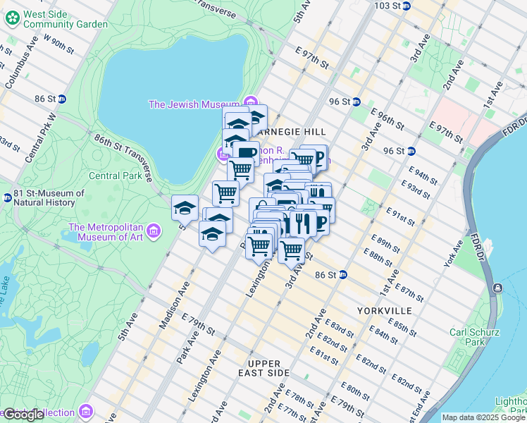 map of restaurants, bars, coffee shops, grocery stores, and more near 100 East 87th Street in New York