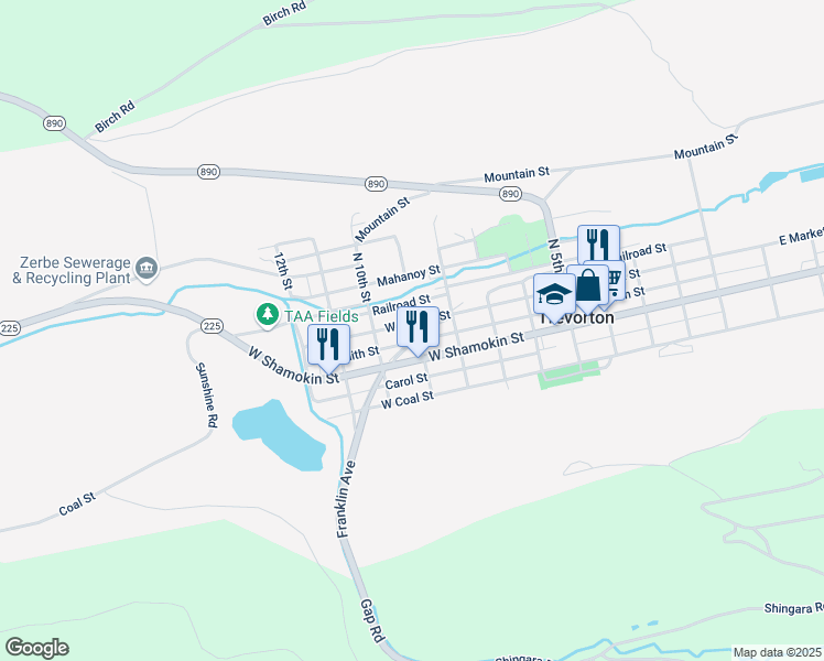 map of restaurants, bars, coffee shops, grocery stores, and more near 917 Smith Street in Trevorton