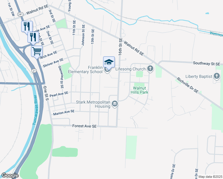map of restaurants, bars, coffee shops, grocery stores, and more near 1550 Ballinger Avenue Southeast in Massillon
