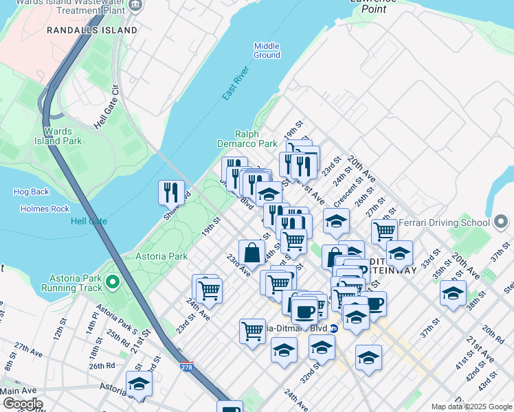 map of restaurants, bars, coffee shops, grocery stores, and more near 19-29 Ditmars Boulevard in Queens