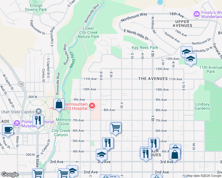 map of restaurants, bars, coffee shops, grocery stores, and more near 477 E Street East in Salt Lake City