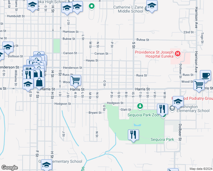 map of restaurants, bars, coffee shops, grocery stores, and more near 3012 O Street in Eureka