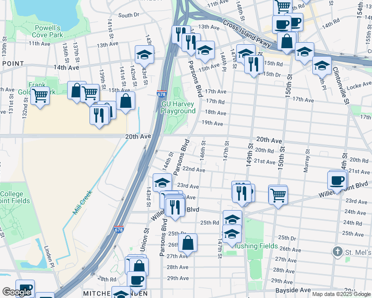 map of restaurants, bars, coffee shops, grocery stores, and more near 41 Parsons Boulevard in Queens