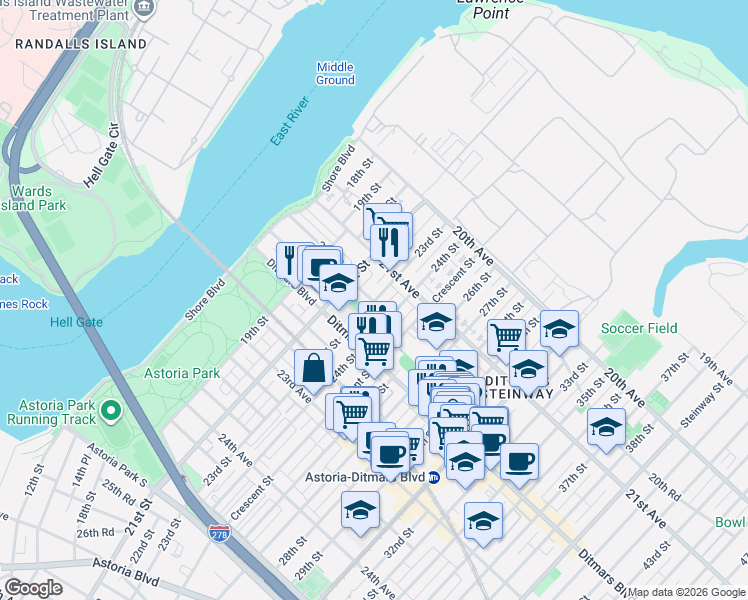 map of restaurants, bars, coffee shops, grocery stores, and more near 21-36 24th Street in Queens
