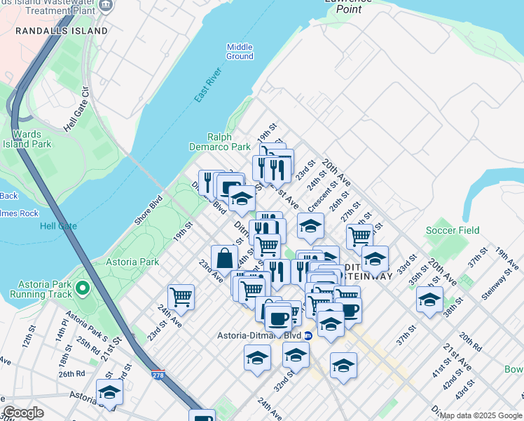 map of restaurants, bars, coffee shops, grocery stores, and more near 21-16 21st Road in Queens