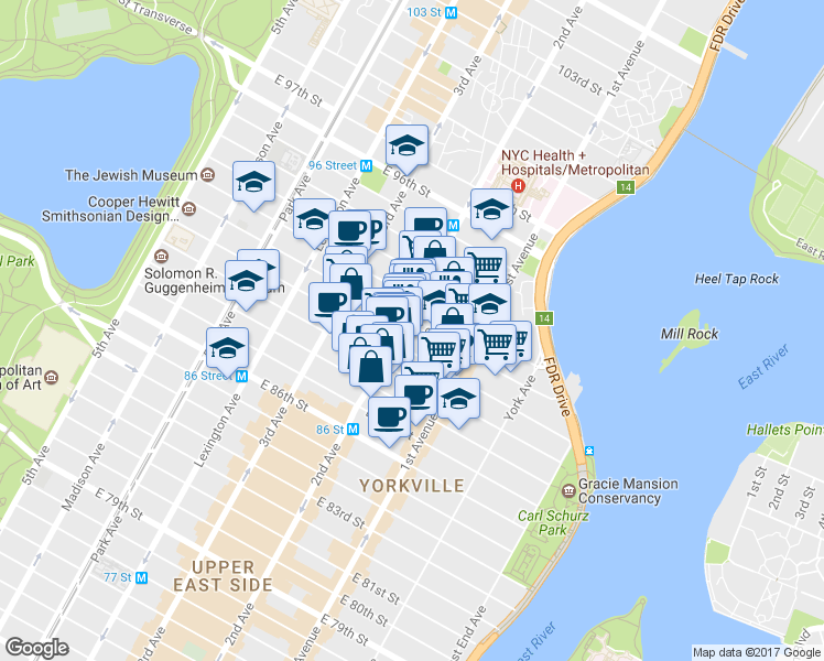map of restaurants, bars, coffee shops, grocery stores, and more near 316 East 91st Street in New York