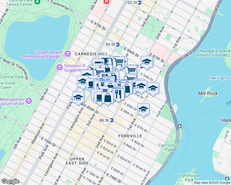 map of restaurants, bars, coffee shops, grocery stores, and more near 232 East 90th Street in New York