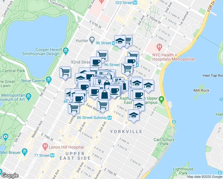 map of restaurants, bars, coffee shops, grocery stores, and more near 232 East 90th Street in New York
