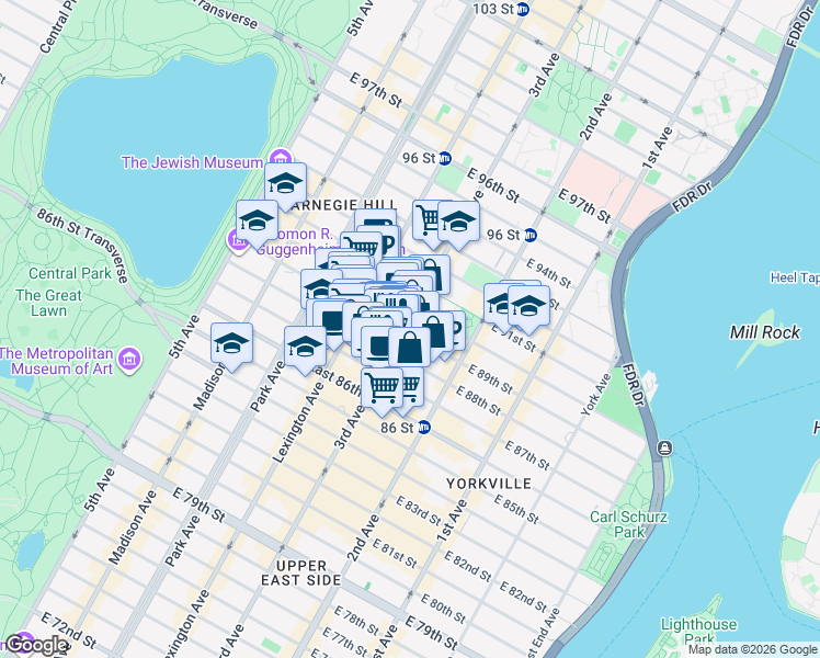 map of restaurants, bars, coffee shops, grocery stores, and more near in New York