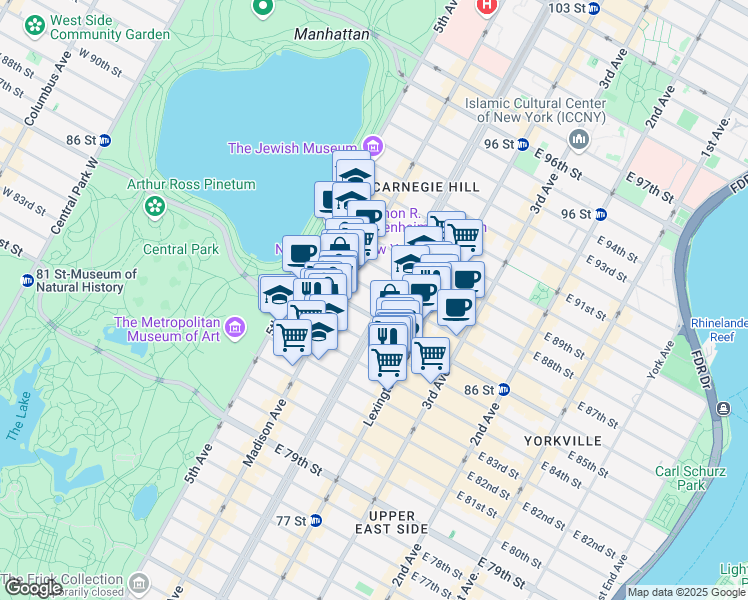 map of restaurants, bars, coffee shops, grocery stores, and more near 1040 Park Avenue in New York
