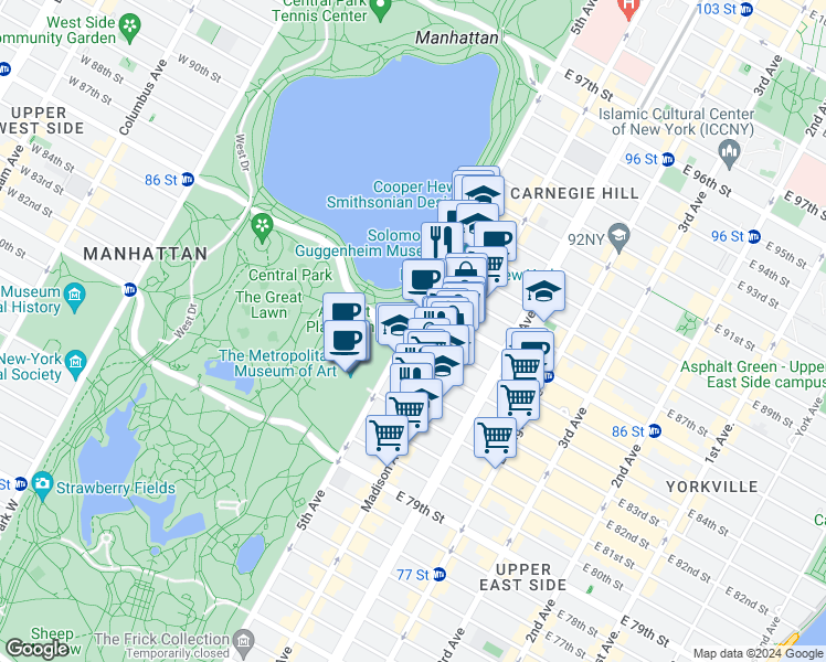 map of restaurants, bars, coffee shops, grocery stores, and more near in New York