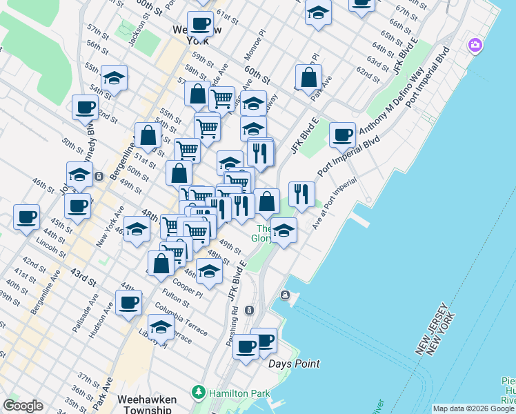 map of restaurants, bars, coffee shops, grocery stores, and more near 32 51st Street in West New York