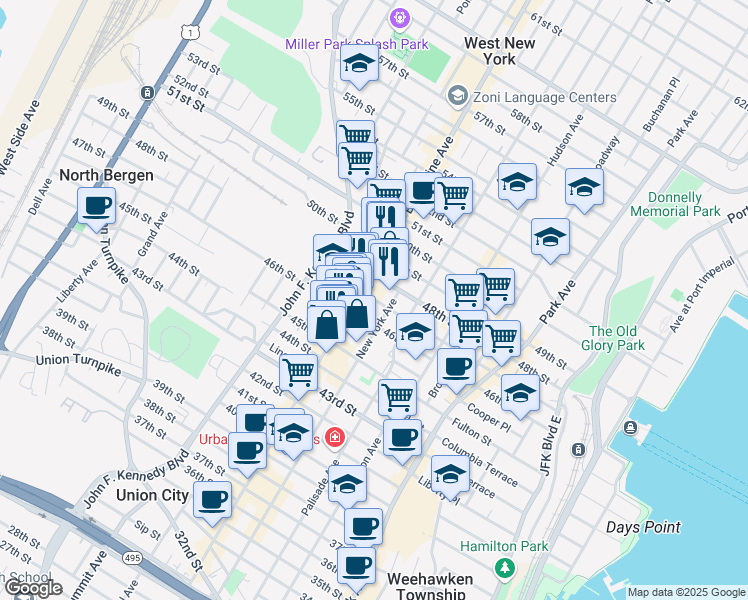 map of restaurants, bars, coffee shops, grocery stores, and more near 414 46th Street in Union City