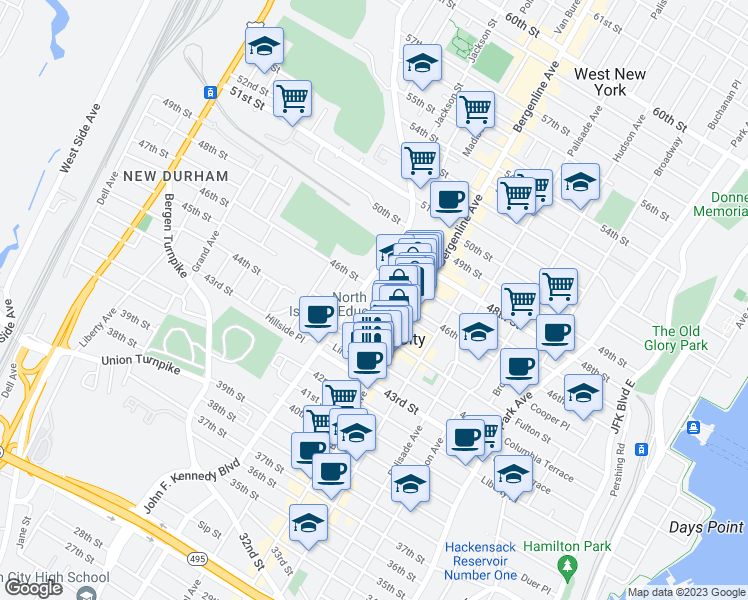 map of restaurants, bars, coffee shops, grocery stores, and more near 4508 John F. Kennedy Boulevard in Union City