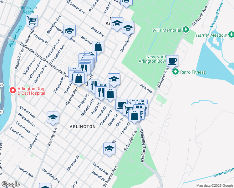 map of restaurants, bars, coffee shops, grocery stores, and more near 50 Exton Avenue in North Arlington