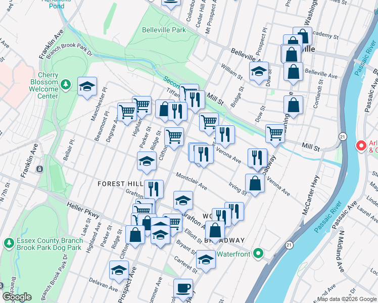 map of restaurants, bars, coffee shops, grocery stores, and more near 417 Woodside Avenue in Newark