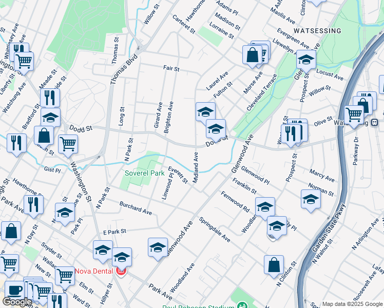map of restaurants, bars, coffee shops, grocery stores, and more near 133 Midland Avenue in East Orange