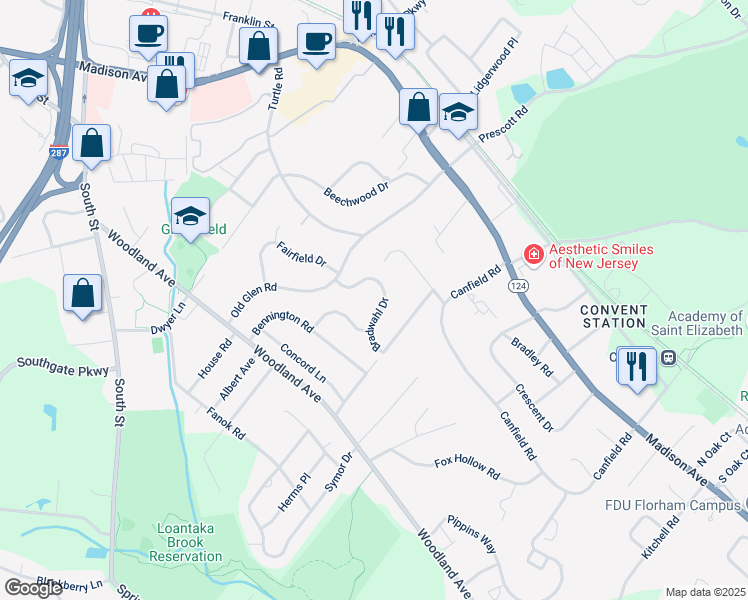 map of restaurants, bars, coffee shops, grocery stores, and more near 17 Bradwahl Drive in Morristown