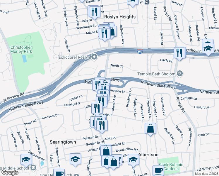map of restaurants, bars, coffee shops, grocery stores, and more near 30 Princeton Street in Roslyn Heights