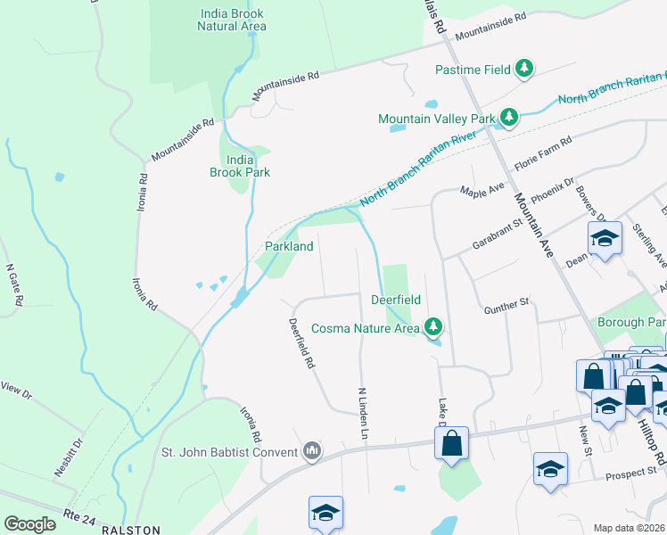 map of restaurants, bars, coffee shops, grocery stores, and more near 1 Loryn Lane in Mendham