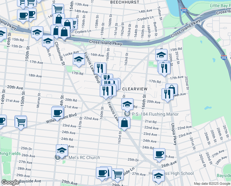 map of restaurants, bars, coffee shops, grocery stores, and more near 160-43 20th Avenue in Queens