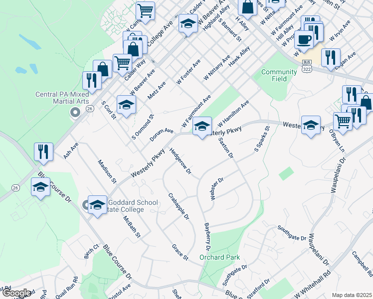 map of restaurants, bars, coffee shops, grocery stores, and more near 801 Crabapple Court in State College