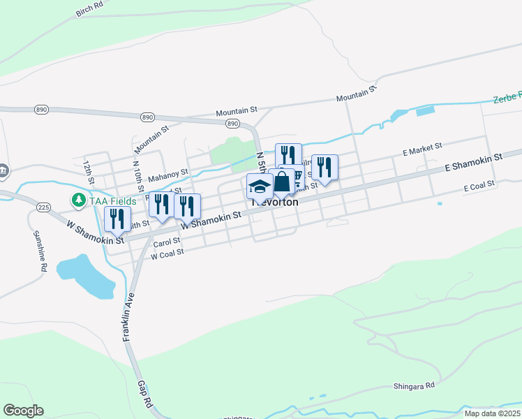 map of restaurants, bars, coffee shops, grocery stores, and more near 542 West Shamokin Street in Trevorton