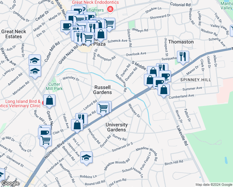 map of restaurants, bars, coffee shops, grocery stores, and more near 50 Wensley Drive in Great Neck